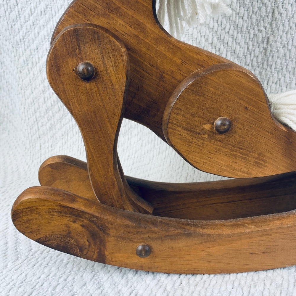 Vtg Rocking Horse Brown Wooden Yarn Mane Rustic Decor Moveable Articulated USA - Picture 4 of 8